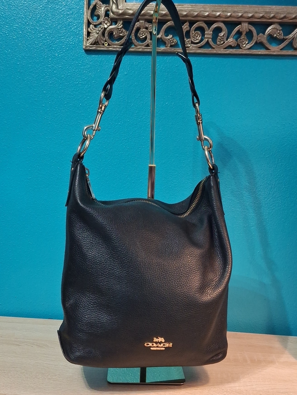 Coach Abby Duffle Black Pebbled Leather Shoulder Hobo with Gold Hardware